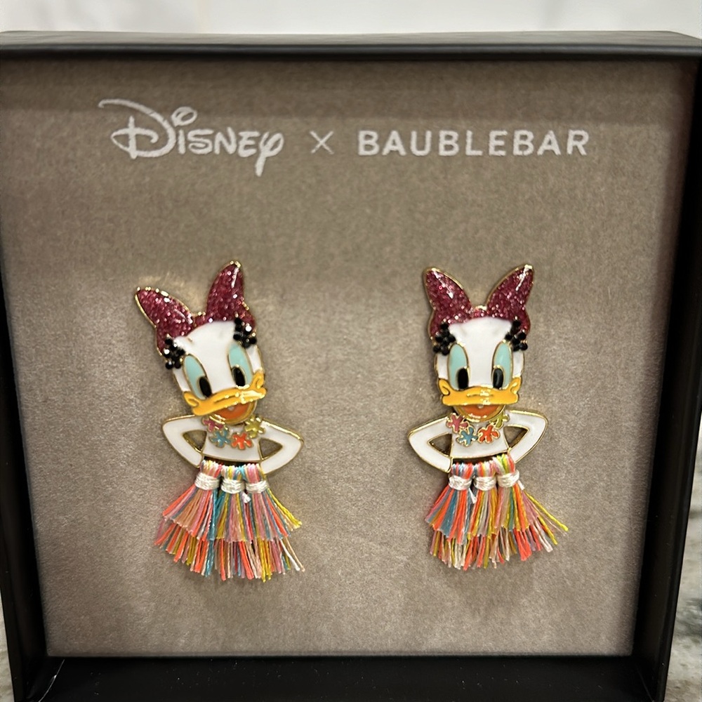 Disney X Baublebar Daisy Duck Hula Skirt Hawaiian Dangle Moveable Earrings NEW